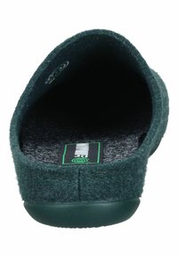 Green felt slipper with a soft interior, rounded toe, and a textured sole. Features a black and green logo tag inside.