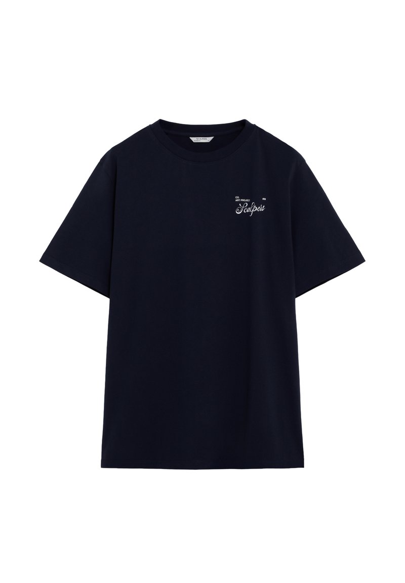 Mørk marineblå bomuld T-shirt med rund halsudskæring, korte ærmer og broderidetalje foran. Almindelig pasform og glat tekstur.