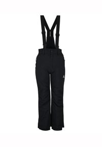 Pantaloni da neve neri impermeabili con bretelle regolabili, chiusura a bottone e tasche con zip. Tessuto liscio con design a gamba dritta.