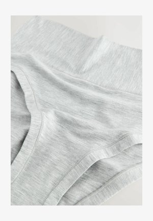 Gray cotton underwear with a soft texture, featuring a wide waistband and smooth seams for a comfortable fit. Simple design, no patterns.