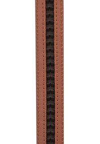 Close-up of brown leather strap with black plastic center featuring interlocking rectangular links and stitched edges.
