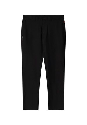 Pantaloni neri realizzati in tessuto liscio, con vestibilità slim, tasche laterali e un piccolo logo sulla coscia sinistra. Design a cinque tasche.