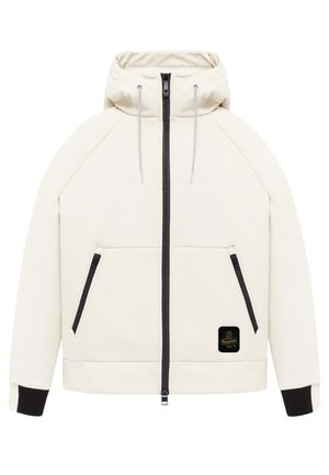Giacca bianca con cappuccio, chiusura a zip frontale, zip nera e due tasche laterali. Presenta maniche raglan e una finitura testurizzata. Patch con logo nero sulla tasca.