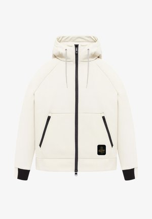 Giacca bianca con cappuccio, chiusura a zip frontale, zip nera e due tasche laterali. Presenta maniche raglan e una finitura testurizzata. Patch con logo nero sulla tasca.