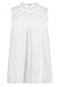 Blusa bianca senza maniche con un alto colletto in pizzo caratterizzato da motivi intricati, design fluido e un tessuto leggero e morbido.