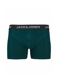 Dunkelgrüne Boxershorts mit einem schwarzen elastischen Bund, der das Logo "JACK & JONES" trägt. Glatte Textur, enganliegendes Design und kontrastierende Nähte.