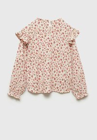 Floral blouse with cream background, featuring small pink and maroon flowers, ruffled sleeves, and a buttoned back closure.