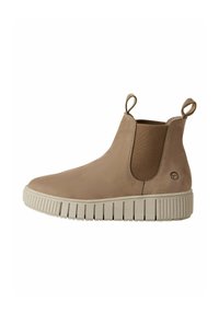 Bottes chelsea en suède marron avec des panneaux élastiques sur les côtés, des tirettes et une semelle en caoutchouc texturée dotée de profondes rainures.