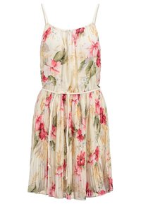 Robe à motif floral en tissu léger, ornée de motifs roses et verts, avec des bretelles réglables, une taille élastique et une jupe plissée.