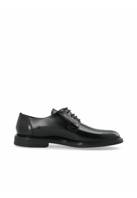 Scarpa da uomo in pelle nera con finitura liscia, design con lacci chiusi, punta arrotondata e suola in gomma a profilo basso.