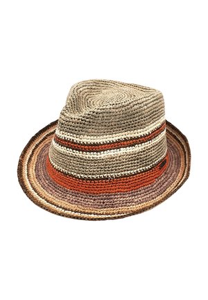 Woven straw hat with a wide brim, featuring alternating stripes of beige, terracotta, and brown, and a flat top design.