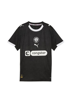 Czarna koszulka piłkarska z białymi akcentami, zdobiona florystyczną teksturą, z logiem FC St. Pauli, logiem Pumy oraz napisem "congstar" z przodu.