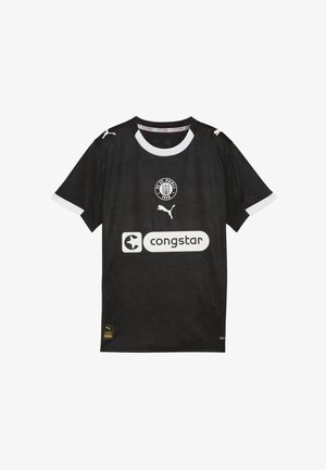 Fekete focimez fehér díszítéssel, virágmintázattal, FC St. Pauli logóval, Puma logóval és "congstar" felirattal elöl.