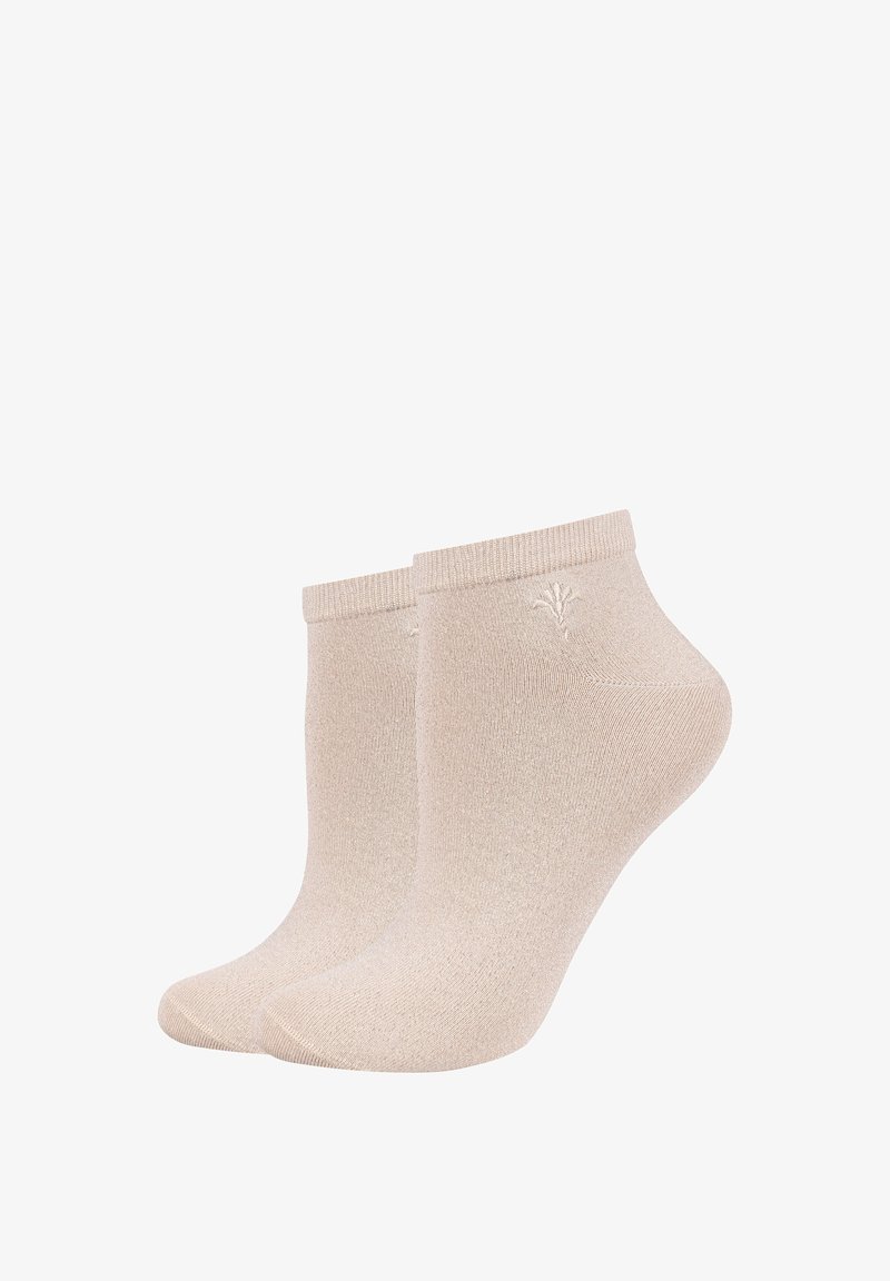 Coppia di calzini alla caviglia beige con un delicato ricamo vicino al bordo, realizzati in morbido tessuto a coste.