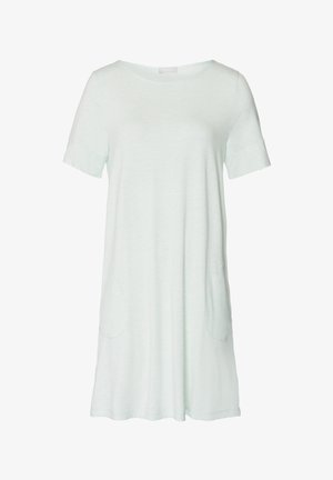 Vestido corto de manga corta en menta clara, hecho de una tela suave y ligera. Presenta un corte relajado y dos bolsillos laterales con detalles cosidos.