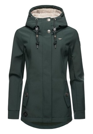 Veste imperméable vert foncé avec une capuche en fourrure, boutons-pression, cordons ajustables et poches latérales. Texture extérieure lisse.