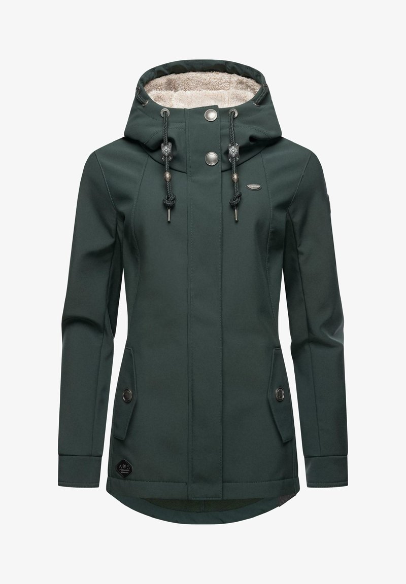 Sötétzöld vízálló dzseki, bolyhos bélésű kapucnival, patentgombokkal, állítható zsinórokkal és oldalsó zsebekkel. Simább külső felület.