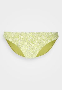 Parte de baixo de bikini floral amarelo e branco com uma textura suave, design de cintura baixa e forma contornada, apresentando um forro verde sólido.