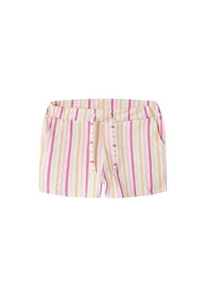Children's elastic waist shorts with vertical pink, orange, and white stripes and front drawstring tie.