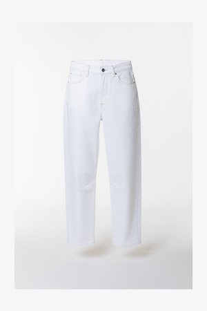 White denim trousers with a straight-leg design, featuring front pockets, a button fly, and minimal stitching details. Smooth texture.