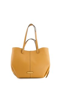 Gelbe Leder-Shopper-Tasche mit zwei langen Griffen, glatter Textur und einer auffälligen zentralen Naht. Verfügt über ein goldenes Logo-Schild an der Unterseite.