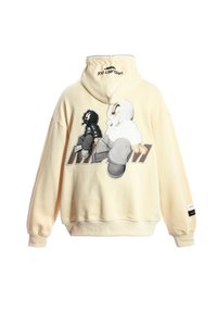 Sudadera beige con un gráfico de dos personajes de dibujos animados, uno negro y uno blanco, sentados de espaldas, encima de un texto marrón estilizado.