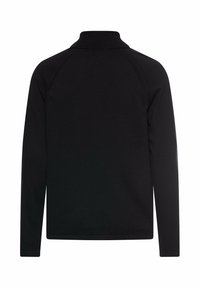 Schwarzer Pullover mit langen Ärmeln und hohem, geripptem Kragen, sichtbaren Nahtlinien an den Schultern, von hinten vor einem weißen Hintergrund präsentiert.