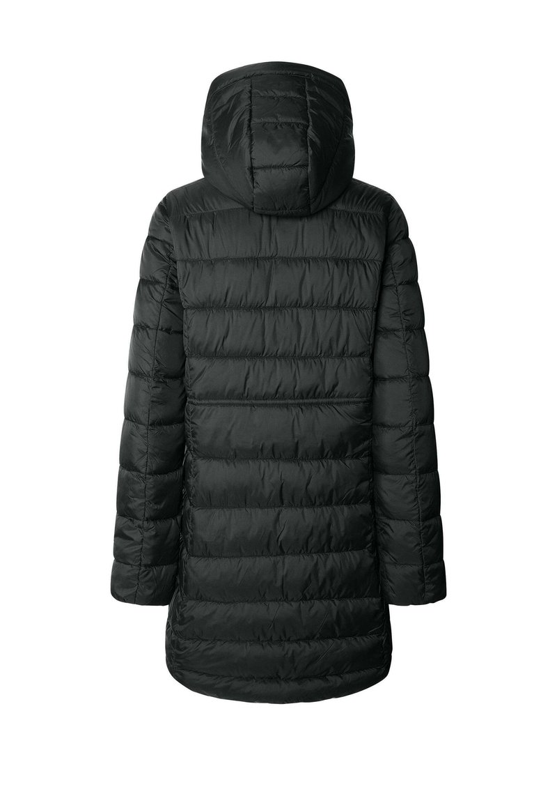 Giacca a vento nera con cappuccio, caratterizzata da un design trapuntato, maniche lunghe e un taglio medio. Texture liscia e dettagli minimi.