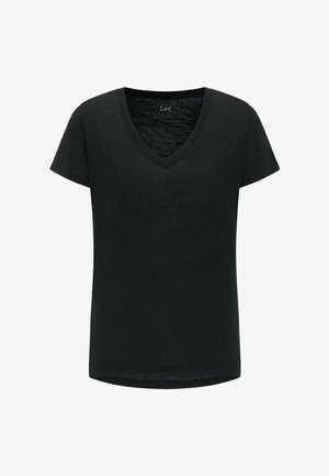 Zwart T-shirt met korte mouwen en V-hals, met een subtiel "Lee" logo op de borst en een label aan de binnenkant van de nek.