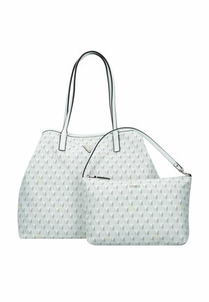 Witte gestreepte schoudertas met lange handvatten en een kleinere afneembare pouch. Met geometrische bladerenachtig ontwerpen in grijs en gele accenten.