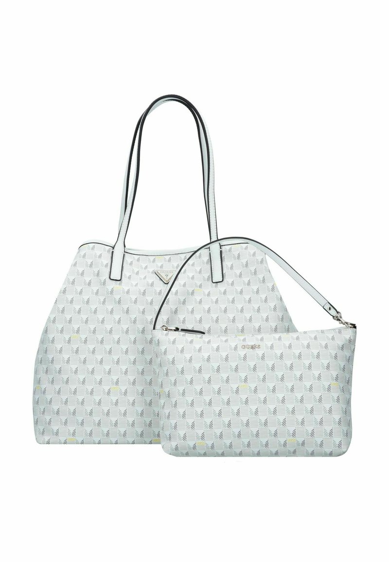 Borsa a tracolla bianca con motivi e manici lunghi e una pochette staccabile più piccola. Presenta disegni geometrici a forma di foglia con accenti grigi e gialli.