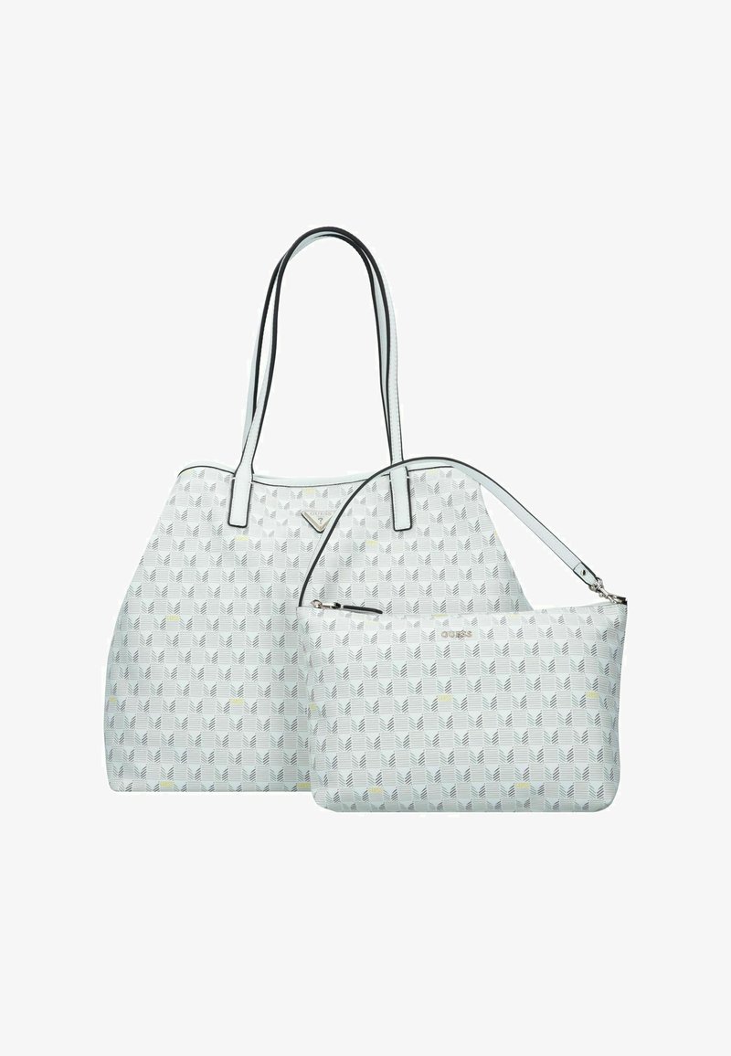 Borsa a tracolla bianca con motivi e manici lunghi e una pochette staccabile più piccola. Presenta disegni geometrici a forma di foglia con accenti grigi e gialli.