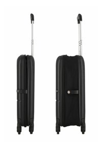 Valise roulante noire avec un design à coque rigide, une poignée télescopique, des doubles zippers et des roues lisses pour une mobilité aisée.