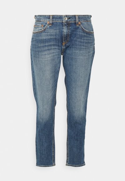 Blå denimjeans med rett snitt, fem lommer, kobbernitter, lett falming og en klassisk knappelukking i livet.