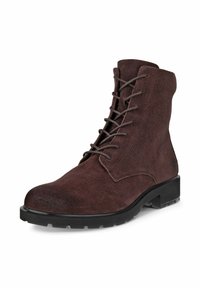 Brown suede ankle boots with a rounded toe, lace-up front, and a textured black rubber sole for traction.
