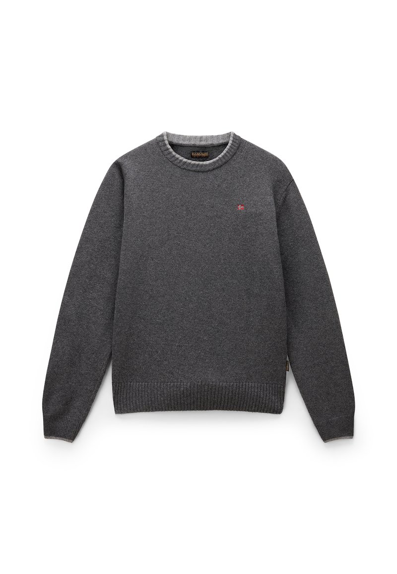 Szary sweter z okrągłym dekoltem, ściągaczami na mankietach i dole. Posiada małe logo na piersi, wykonany z miękkiego, teksturowanego materiału.