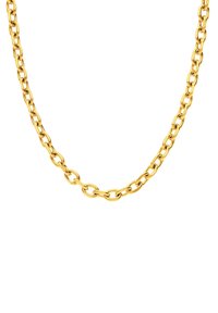 Gouden ketting, met langwerpige ovale schakels met een gepolijste textuur. Eenvoudig ontwerp dat geschikt is voor het dragen in lagen of alleen.