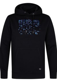 Czarna bluza z kapturem, posiadająca kieszeń typu kangurka z przodu oraz sznurek do regulacji kaptura. Wyróżnia się geometrycznym niebiesko-białym wzorem logo na klatce piersiowej. Wykonana z mieszanki bawełny.