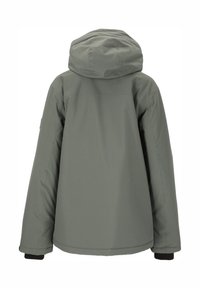 Wasserabweisende Jacke in gedämpftem Grün, mit Kapuze, schlankem Design, langen Ärmeln und elastischen Bündchen. Glatte Textur ohne sichtbare Muster.