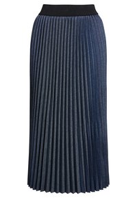 Donkerblauwe plisséhuid gemaakt van een lichtgewicht stof. Heeft een brede zwarte elastische tailleband en verticale plooien overal.