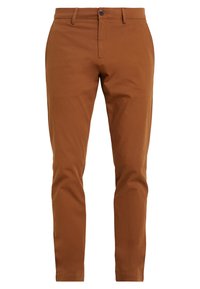 Slim-fit broek in aardbruin katoen, met een voorste knoopsluiting, zijzakken en een gladde textuur. Op maat gemaakt ontwerp voor een aansluitende pasvorm.