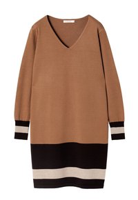 Abito lavorato a maglia con scollo a V in una calda tonalità di marrone. Presenta maniche lunghe e forti strisce a blocchi di colore in nero e crema all'orlo e ai polsini.