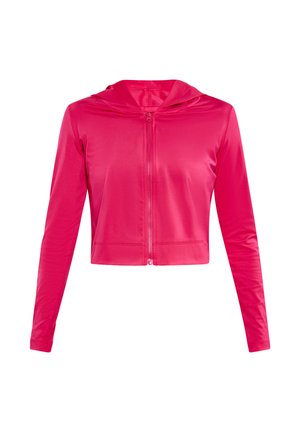 Korte hoodie in een felle roze kleur, gemaakt van een soepele, stretchy stof. Heeft een volledige rits en lange mouwen met een capuchon.