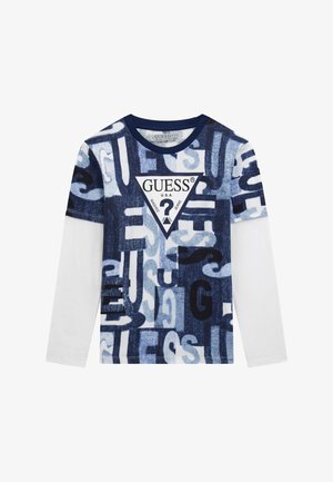 Langärmliges T-Shirt mit blau-weißer Grafik, das ein zentrales trigonometrisches Logo zeigt und aus weichem Baumwollmaterial gefertigt ist.