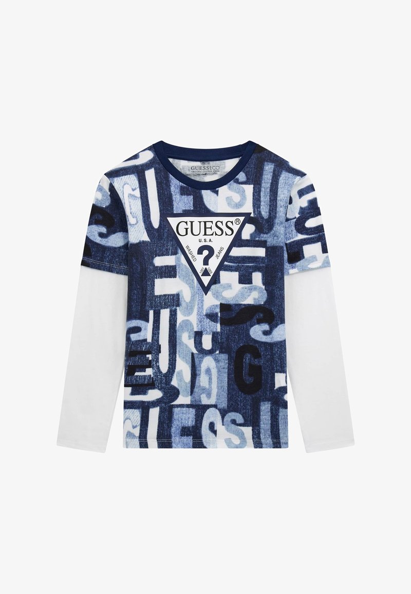 Hosszú ujjú póló kék és fehér grafikai nyomattal, középen háromszög alakú logóval, puha pamut anyagból készült.