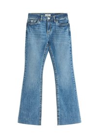 Ljusblå utsvängda jeans av denim, med hög midja, framfickor och blekningseffekter, samt synlig sömnad längs sömmarna.