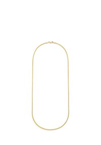 Goldene Metallkette mit einem zarten, dünnen Kettendesign. Die Glieder haben eine dezente Verdrehung für Struktur und die Kette verfügt über einen Standardverschluss.