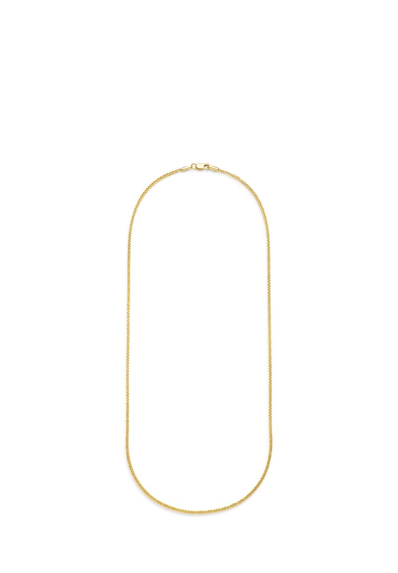 Goldene Metallkette mit einem zarten, dünnen Kettendesign. Die Glieder haben eine dezente Verdrehung für Struktur und die Kette verfügt über einen Standardverschluss.