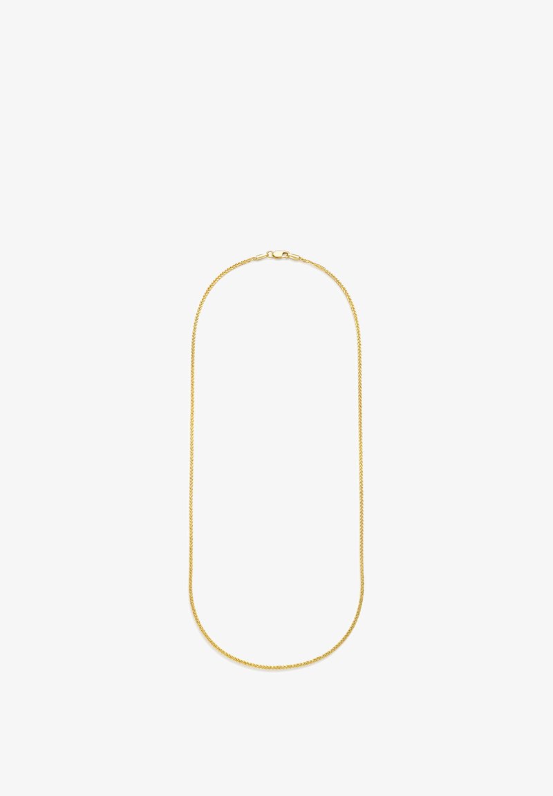 Goldene Metallkette mit einem zarten, dünnen Kettendesign. Die Glieder haben eine dezente Verdrehung für Struktur und die Kette verfügt über einen Standardverschluss.