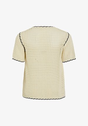 Cremefarbener Kurzarm-Waffelstrick-Oberteil mit schwarzem schlauchförmigem Besatz an Ärmeln, Ausschnitt und Saum, Rückansicht.